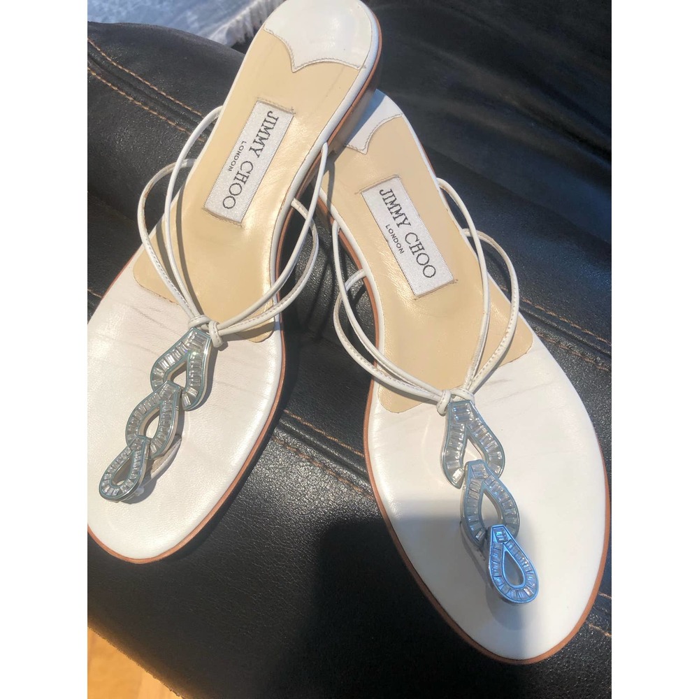Jimmy Choo White Leather Embellished Thong Sandals